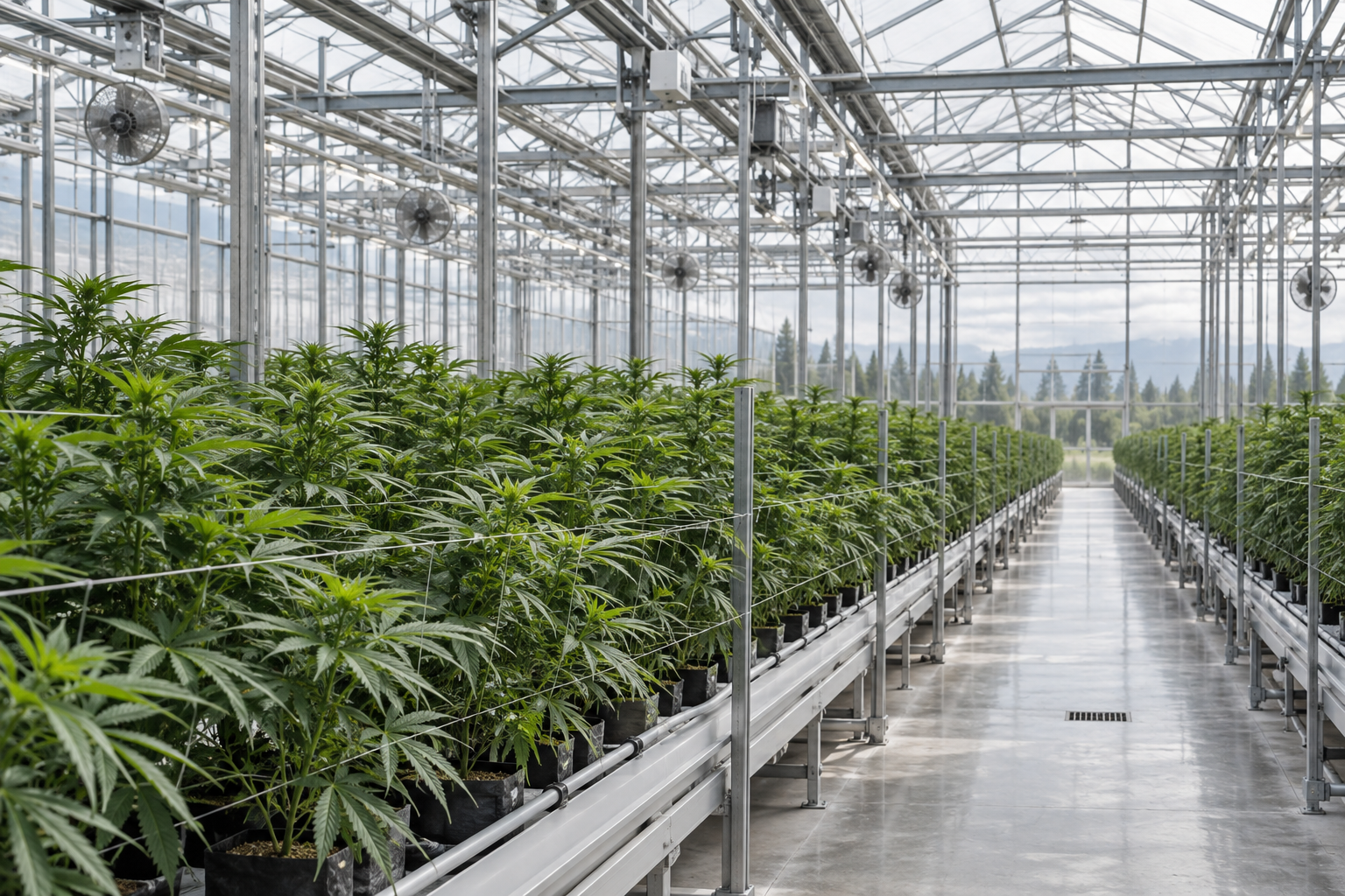 Illustrative modern cannabis cultivation greenhouse
